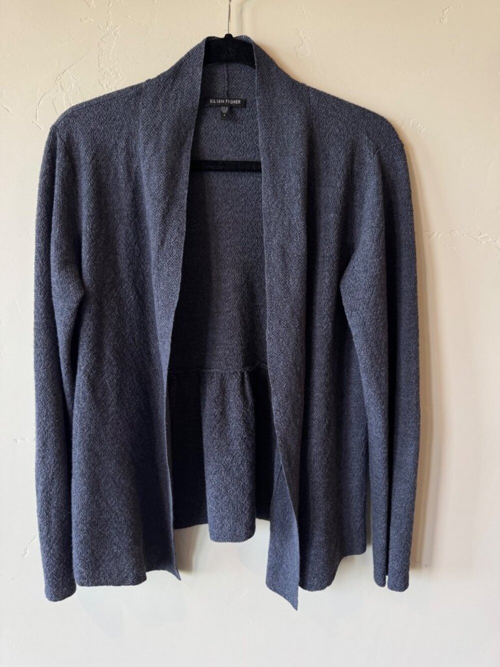 Eileen Fisher Cardigan Wool Peplum Open Front Sweater, Small, Navy